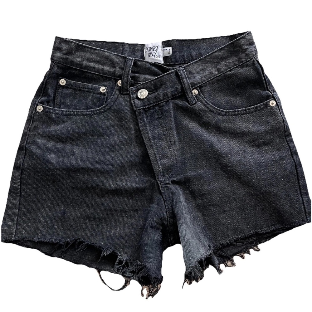 Princess Polly Criss-Cross Denim Shorts Button Fly Dark Wash Size 0